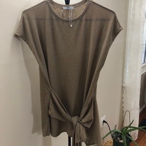 ZARA Tan Brown Nude blouse, waist-tie bow, belt